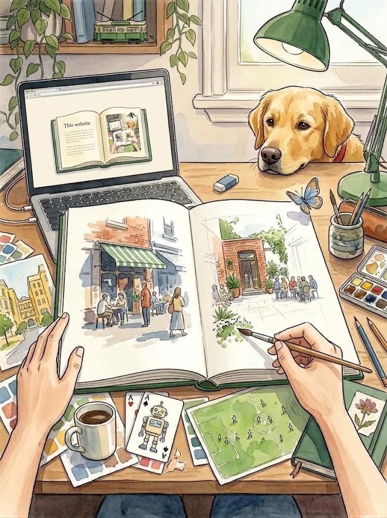 An illustrated sketchbook on my creative desk, with Ollie watching nearby