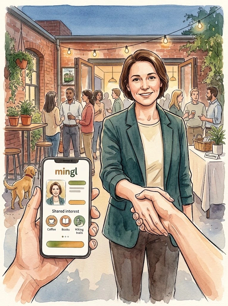 Watercolour courtyard introduction with a handshake, mingl profile on a phone and Ollie by the stools