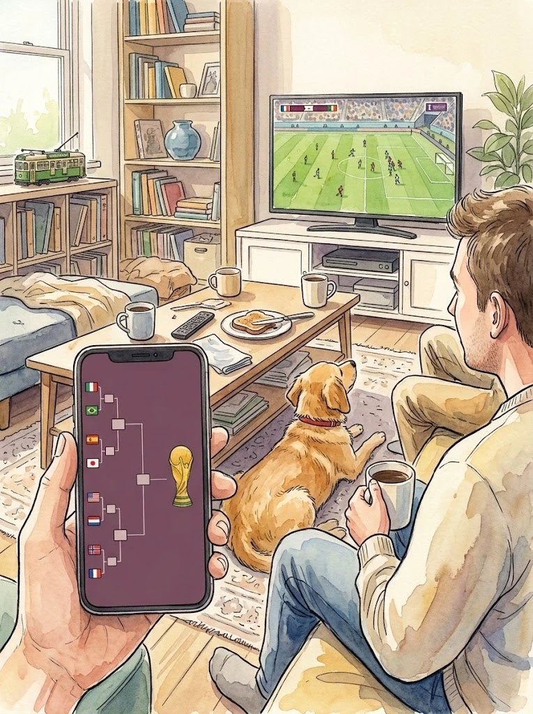 Watercolour morning football gathering with a tournament bracket on a phone and Ollie watching television
