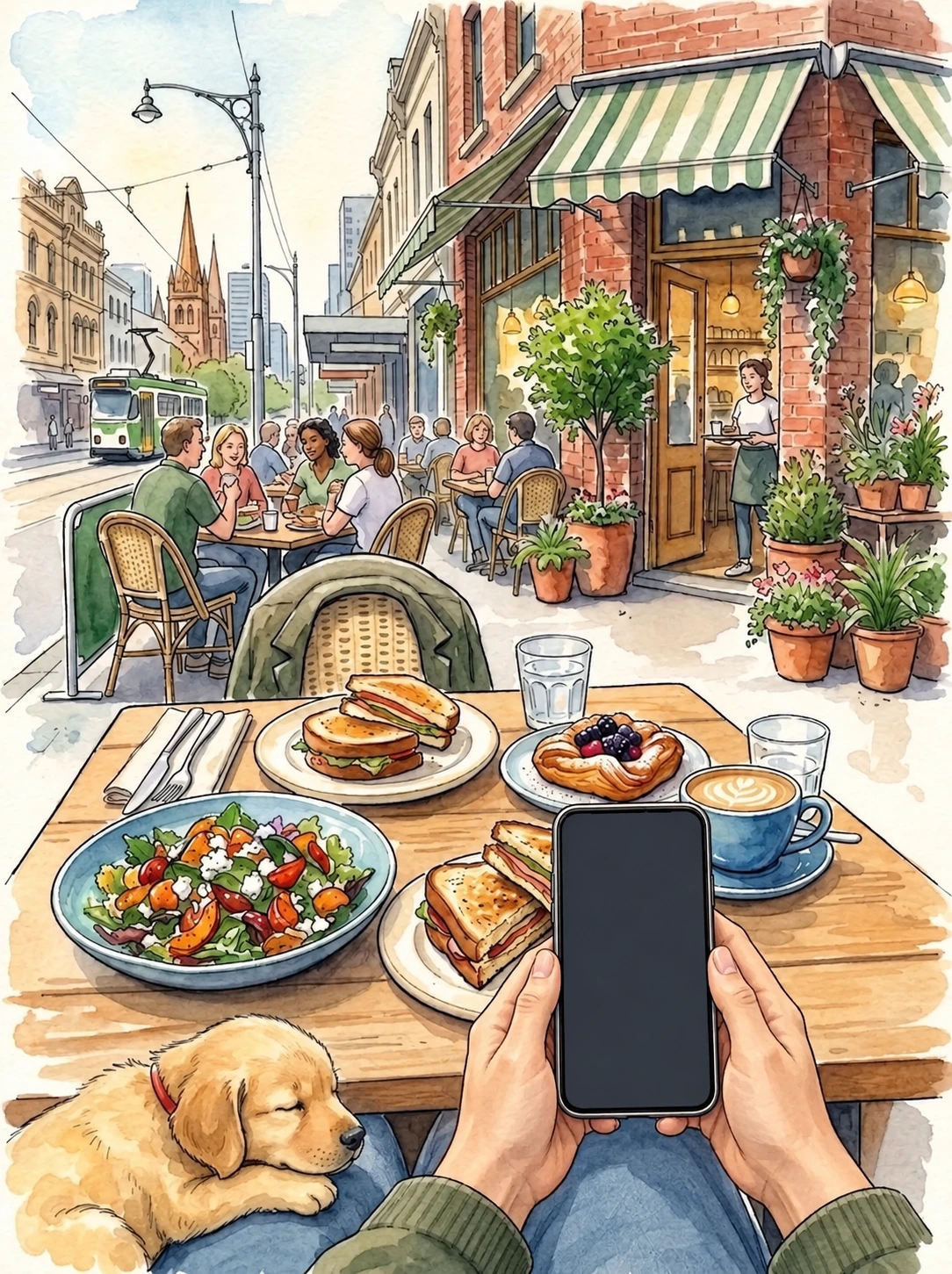 Photographing a Melbourne cafe meal, with a tram passing behind the patrons and puppy Ollie asleep on the viewer’s lap